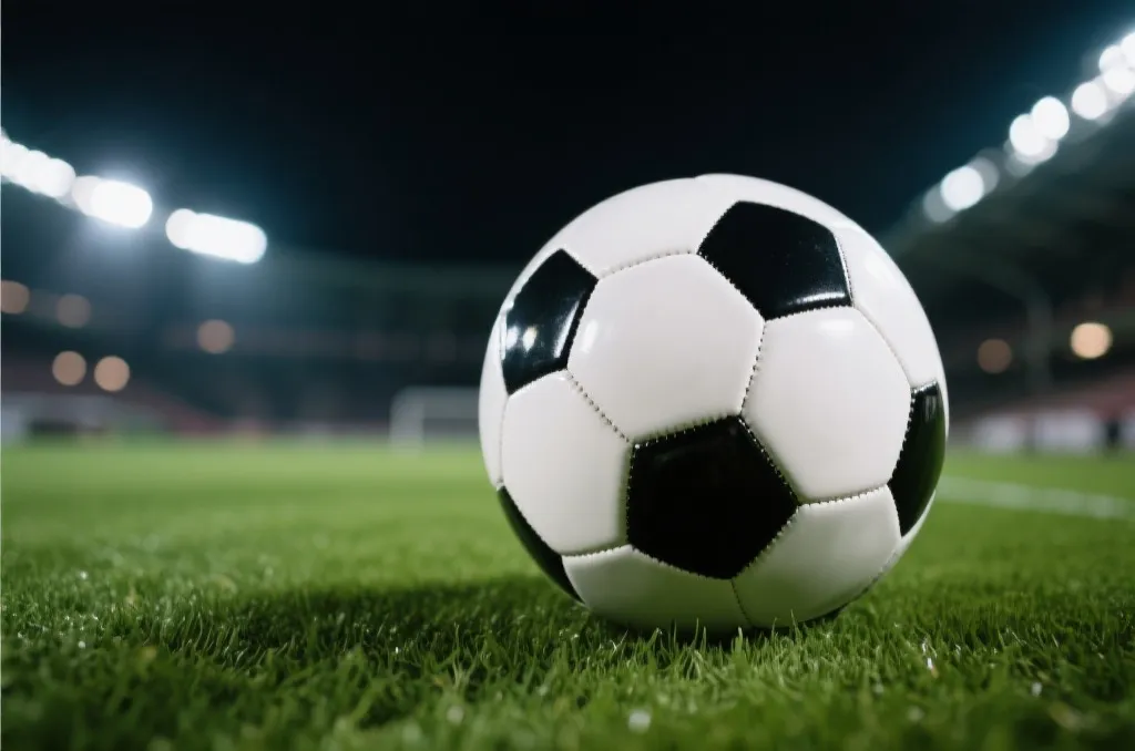 Close-up of a classic black and white soccer ball on a lush green grass field