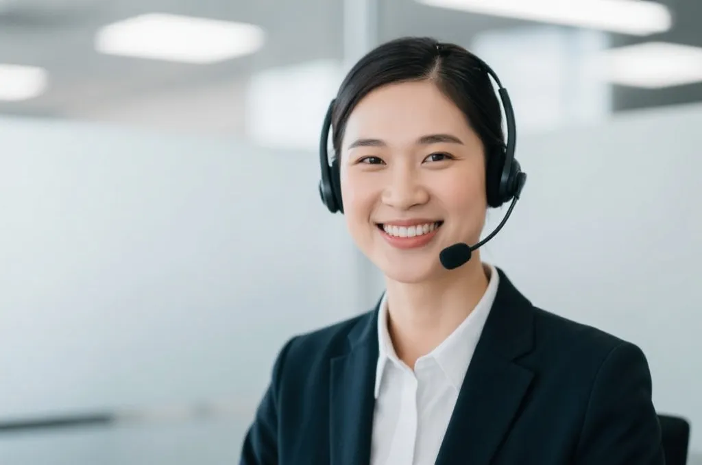 A professional customer service representative with a headset smiling, clean office background, corporate photography